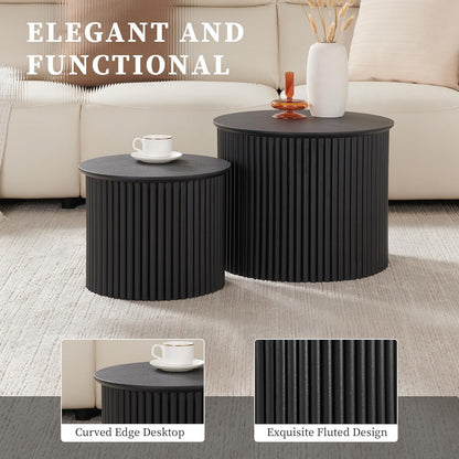 Small Fluted Round Nesting Coffee Table Set of 2, Mid Century Modern Coffee Table Circle Side