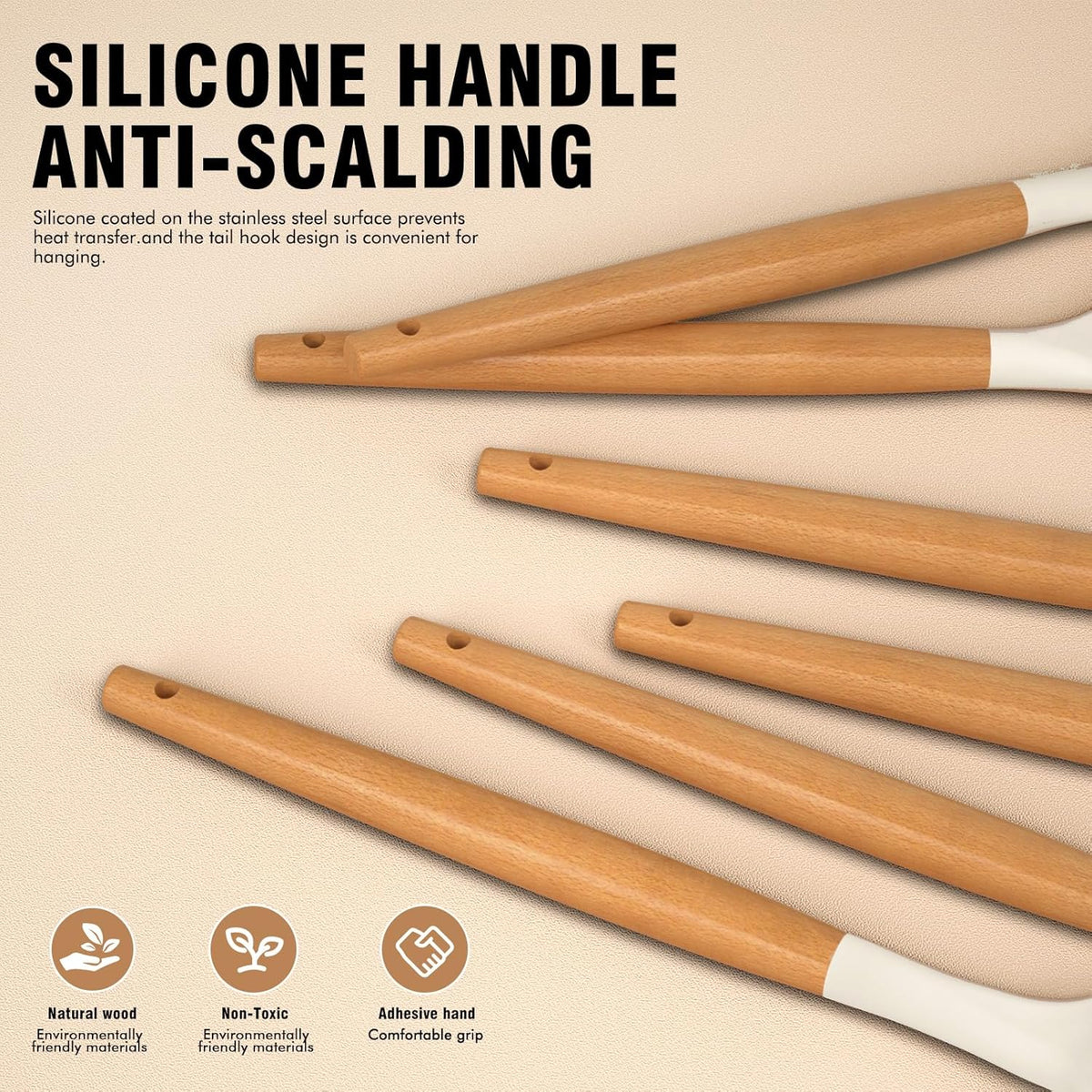Silicone Cooking Utensils Set - Silicone Kitchen Utensils for Cooking Wooden Handles, 446°F Heat