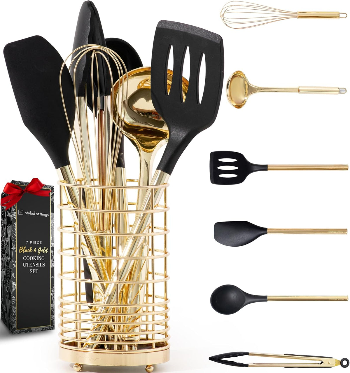Styled Settings Black and Gold Cooking Utensils Set - 7-Piece Silicone Utensils Set Include Spatula