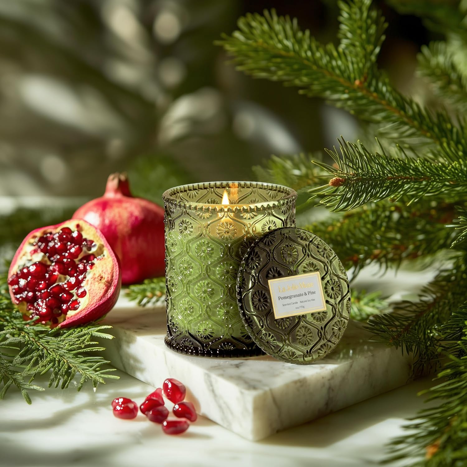 LA JOLIE MUSE Christmas Candles, Pine & Pomegranate Candle -Lemon, Pomegranate & Pine | 6 oz