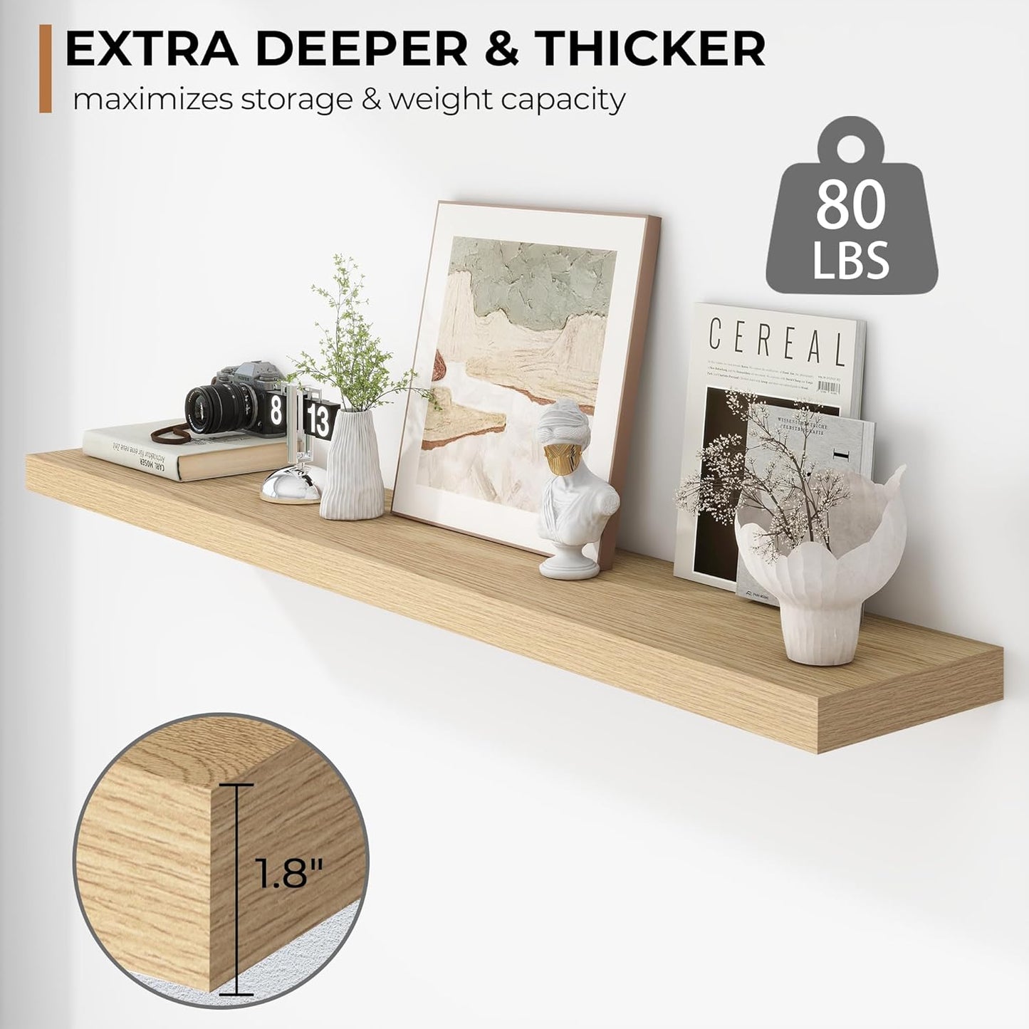 Fun Memories 55 Inch Floating Shelves - 9 Inch Deep Rustic Wooden Wall Shelves - Extra Deeper &