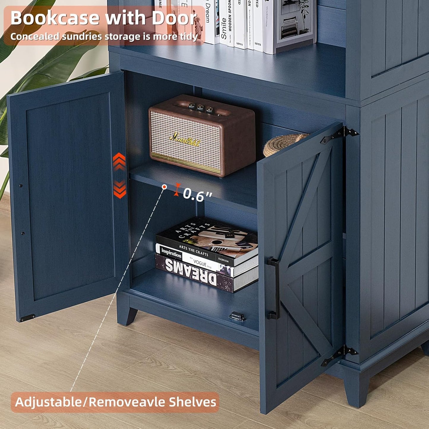 5 Tier Bookshelf 70in Tall Bookcase with Barn Doors and Storage Cabinet, Blue Farmhouse Book Shelf