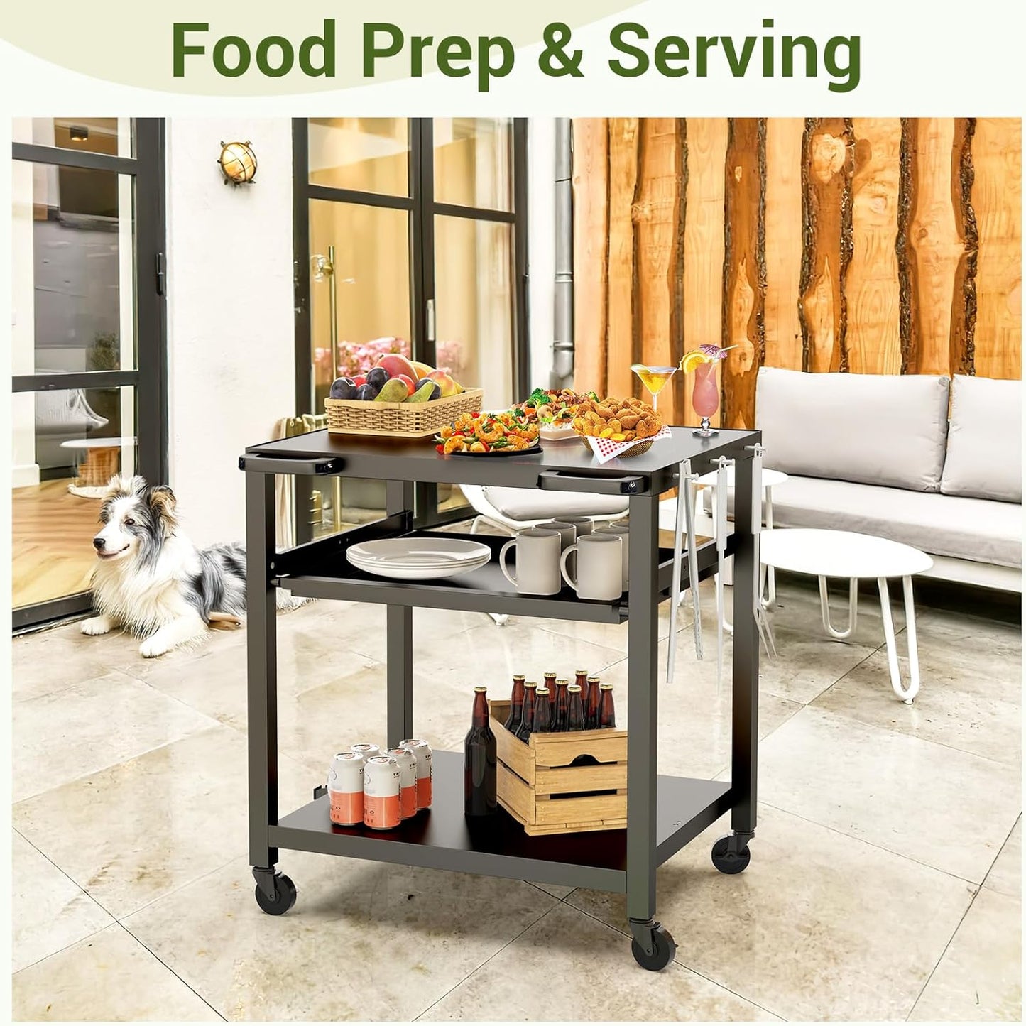 NUUK Outdoor Grill Prep Table 24"x30" Metal Grill Cart Outside 3-Layer Pizza Oven Table Movable