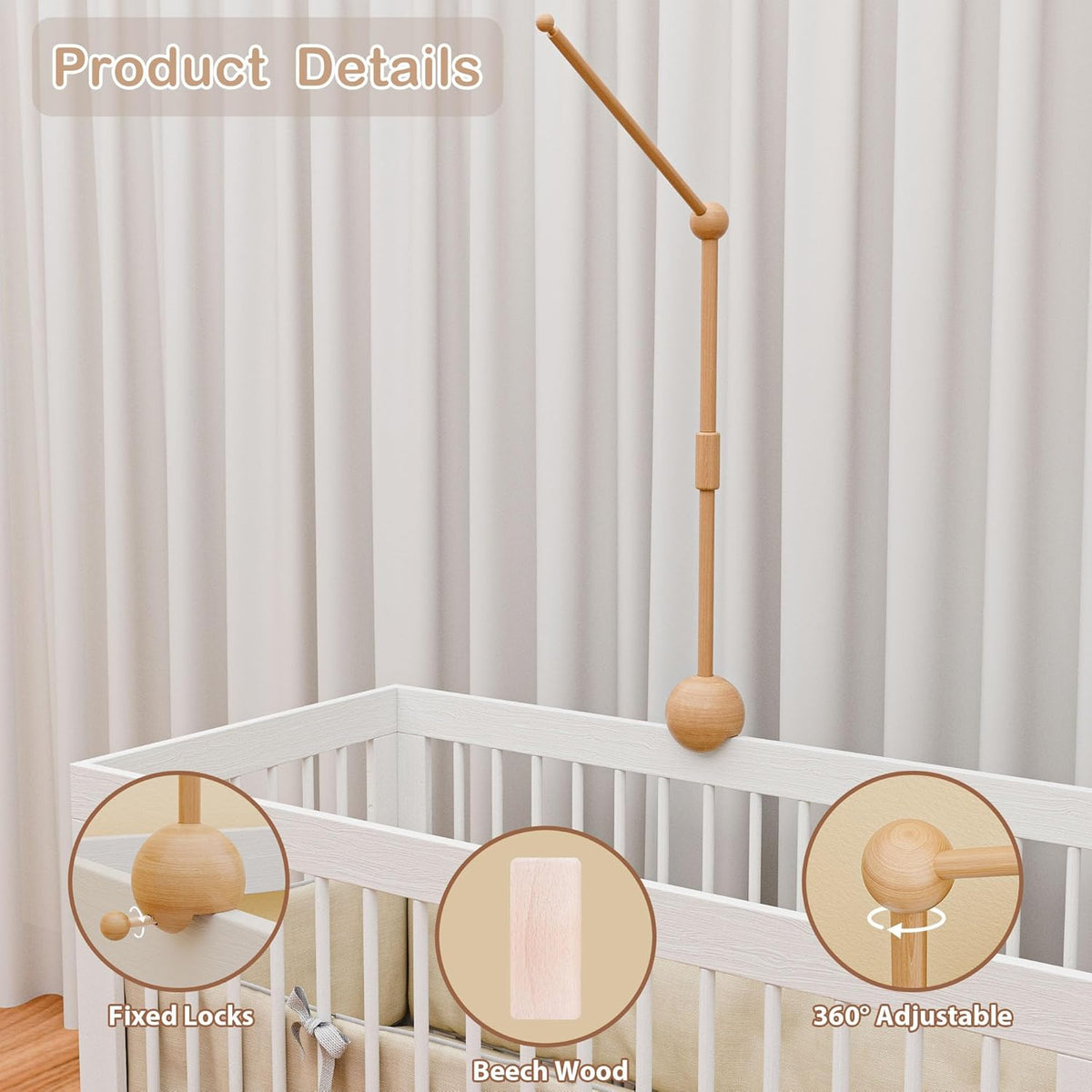 Baby Crib Mobile Arm,32.5 Inch Crib Mobile Stand,Wooden Mobile Arm for Crib（2 Modes