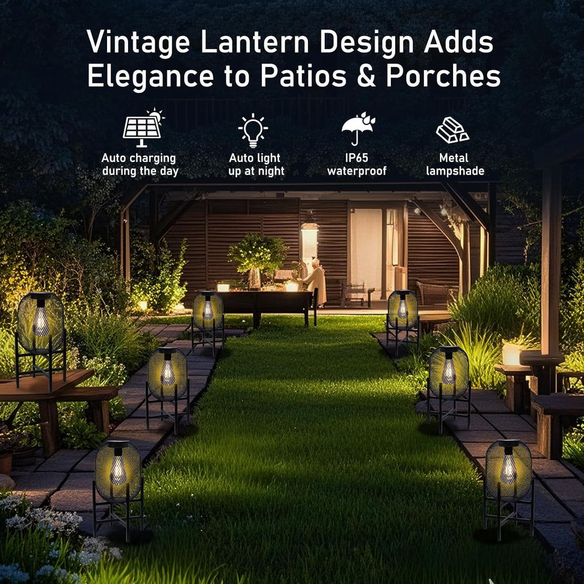 Solar Mesh Lantern Outdoor – 13.8" Tall Black Metal Patio Light with Edison Glass Bulb, Solar