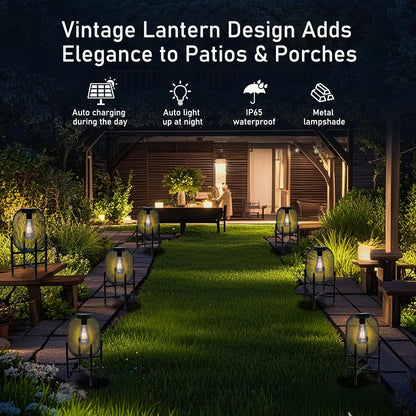 Solar Mesh Lantern Outdoor – 13.8" Tall Black Metal Patio Light with Edison Glass Bulb, Solar