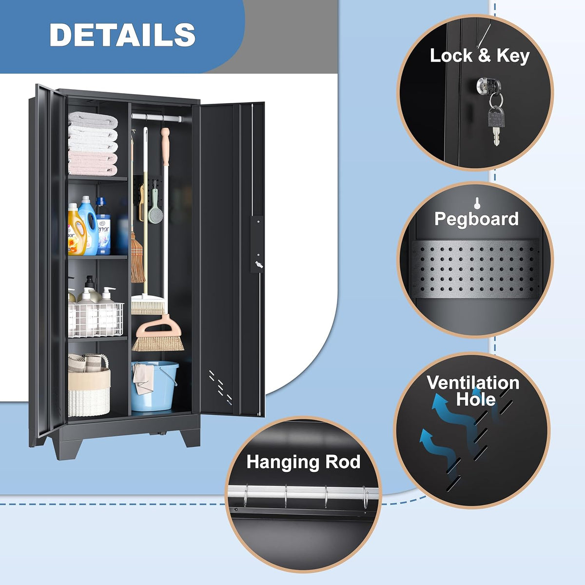 61" Broom Closet Storage Cabinet, Metal Storage Cabinet with Doors, Utility Cabinets for Brooms and