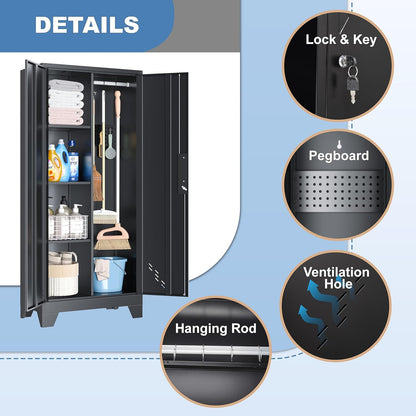 61" Broom Closet Storage Cabinet, Metal Storage Cabinet with Doors, Utility Cabinets for Brooms and