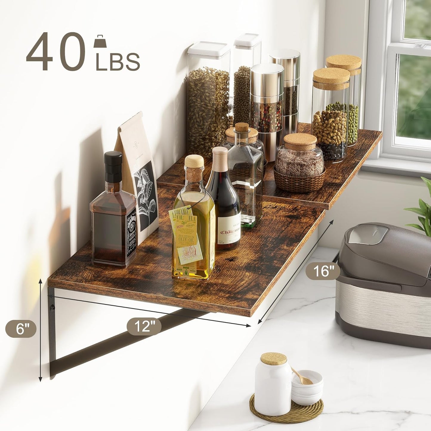 Deep Floating Shelves for Wall, 12 Inch Deep Floating Shelves Set of 2, 16"W x 12"D Wall Shelf
