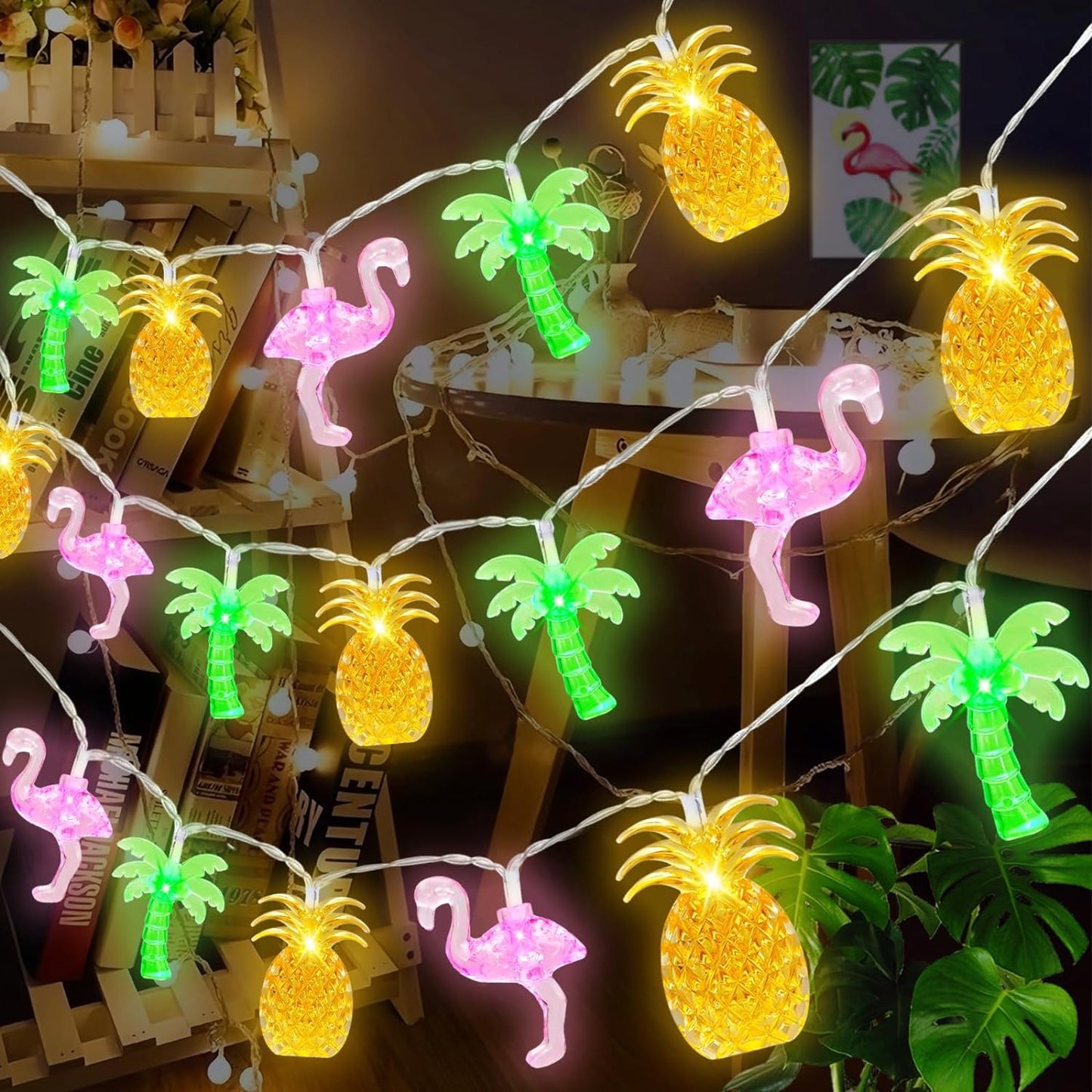 Couah 30 LED 16Ft Summer Beach Hawaiian String Lights - 8 Modes & Timer - Flamingo Pineapple Palm