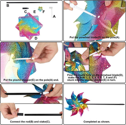 Hausse 10 Pack Reflective Pinwheels Wind Spinner, Extra Sparkly Rainbow Pinwheel with Stakes, Bird