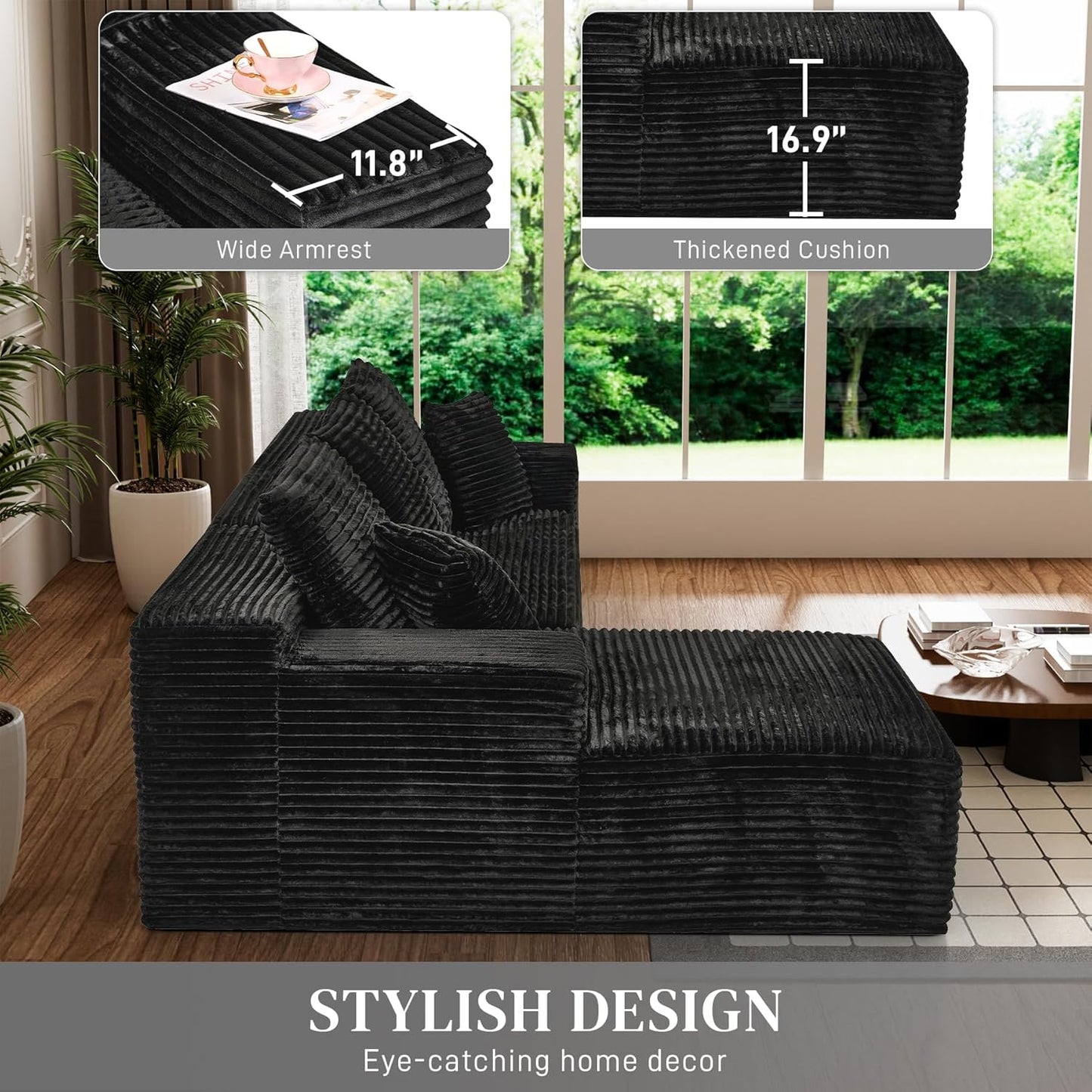 Modular Sectional Sofa Cloud Sectional Couch, 107" Comfy Fluffy L Shaped Light Black Couches for