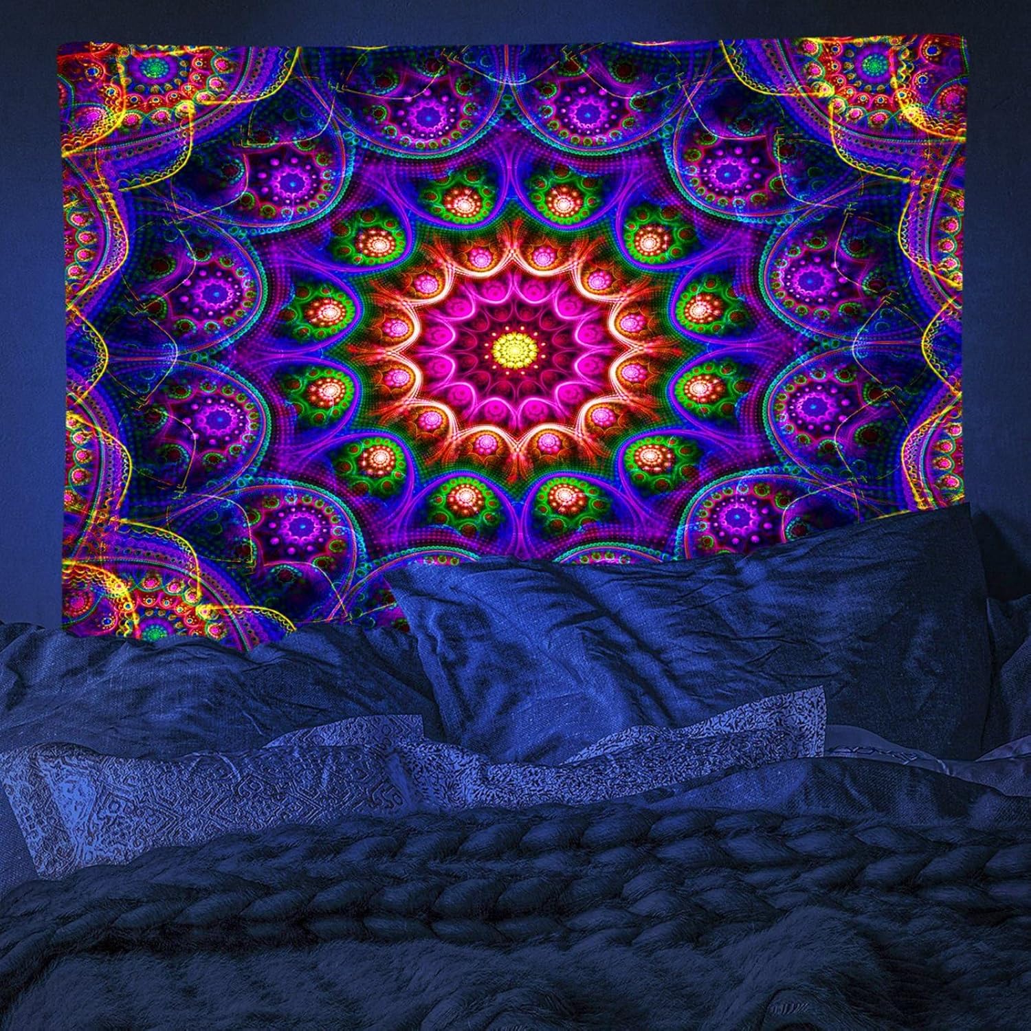Blacklight Trippy Mandala Tapestry, Boho Black Light Posters for Adults UV Reactive Room Decor for