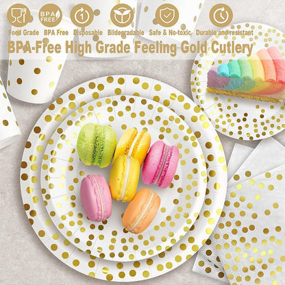 AIRE 350PCS White Gold Paper Plates Party Supplies for 50 Guests Party Decorations Disposable