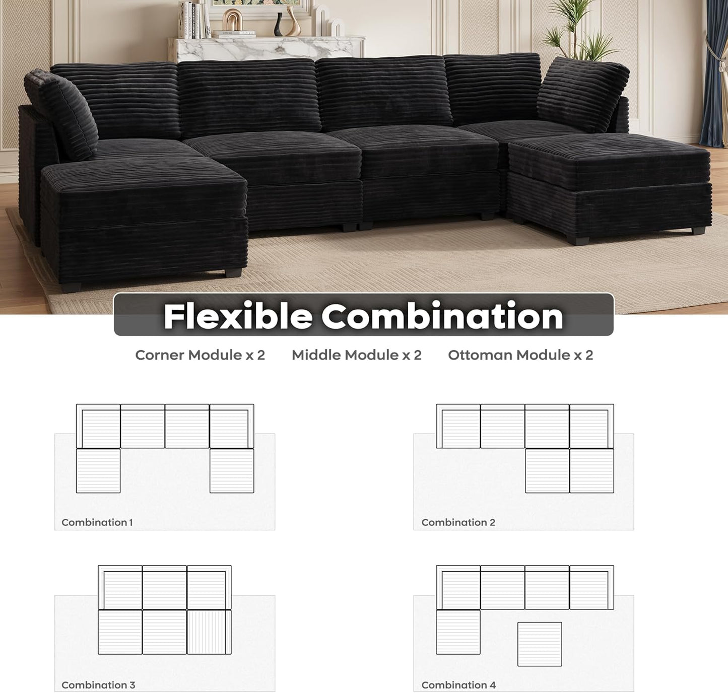 ovios Sectional Sofa Couch with U-Shape Chaise Ottomans, Comfy Modular Cloud Couches with Deep