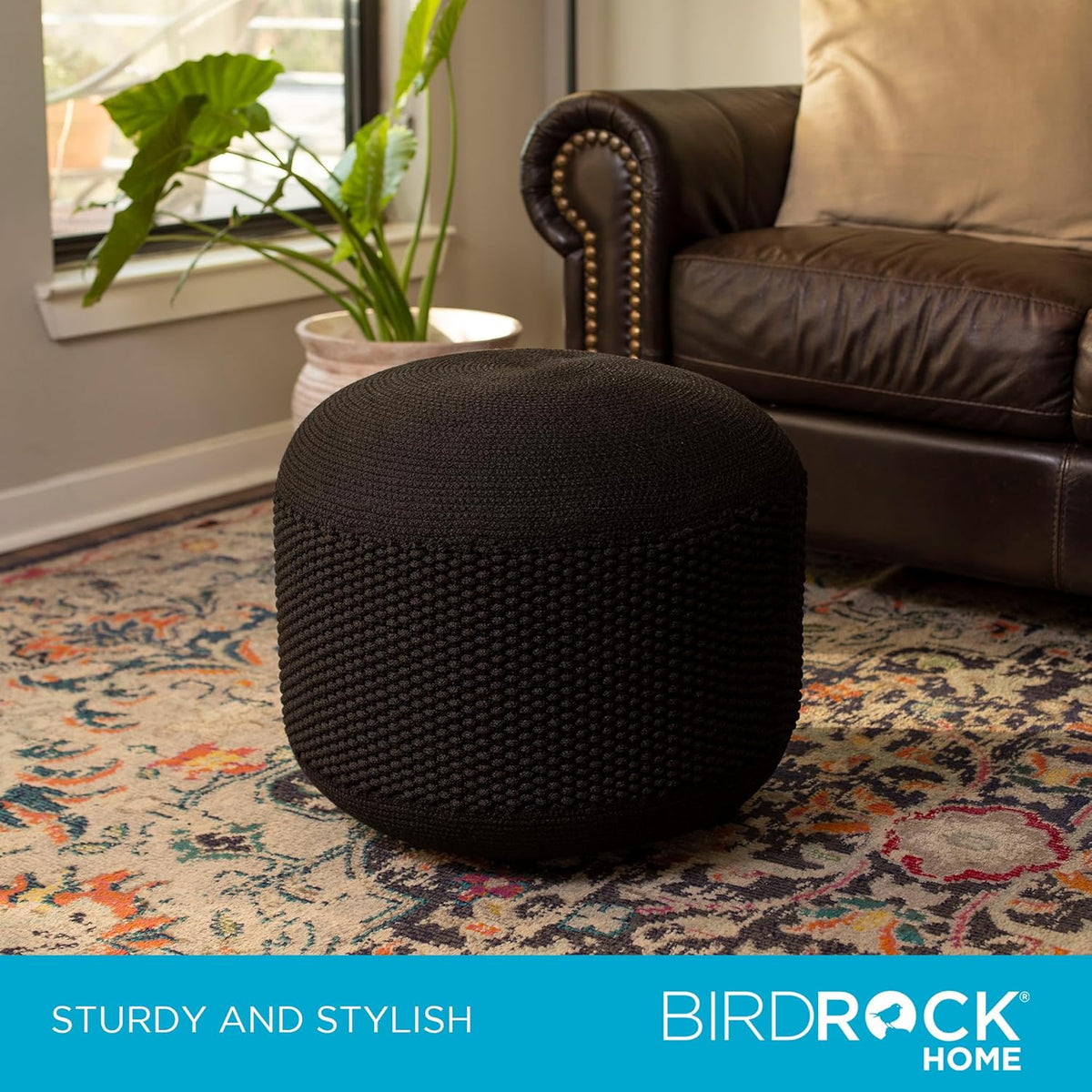 BIRDROCK HOME Outdoor Pouf Ottoman | Hand Woven Waterproof Foot Stool with Bead Bag Filling | Boho