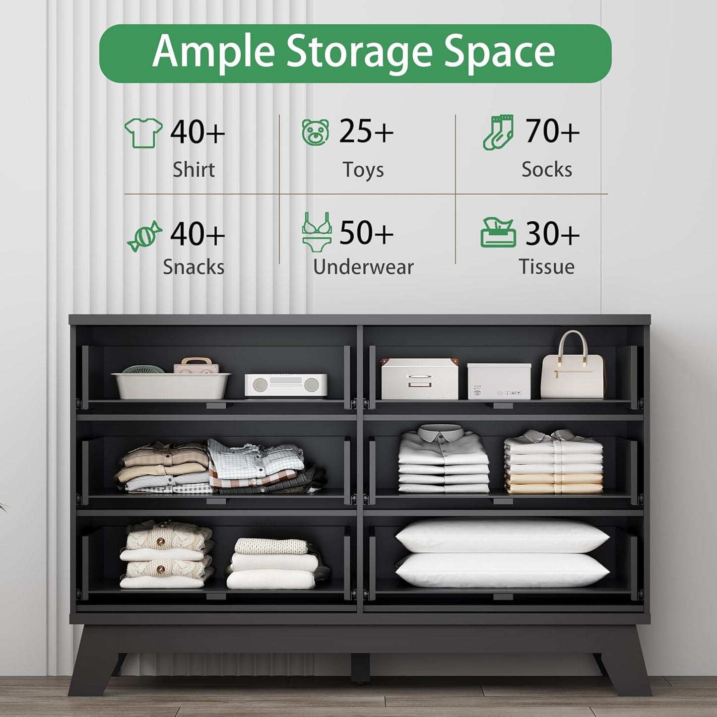 Fluted Dresser for Bedroom with 6 Drawers, 48" Wide Wooden Chest of Drawers with Metal Handle