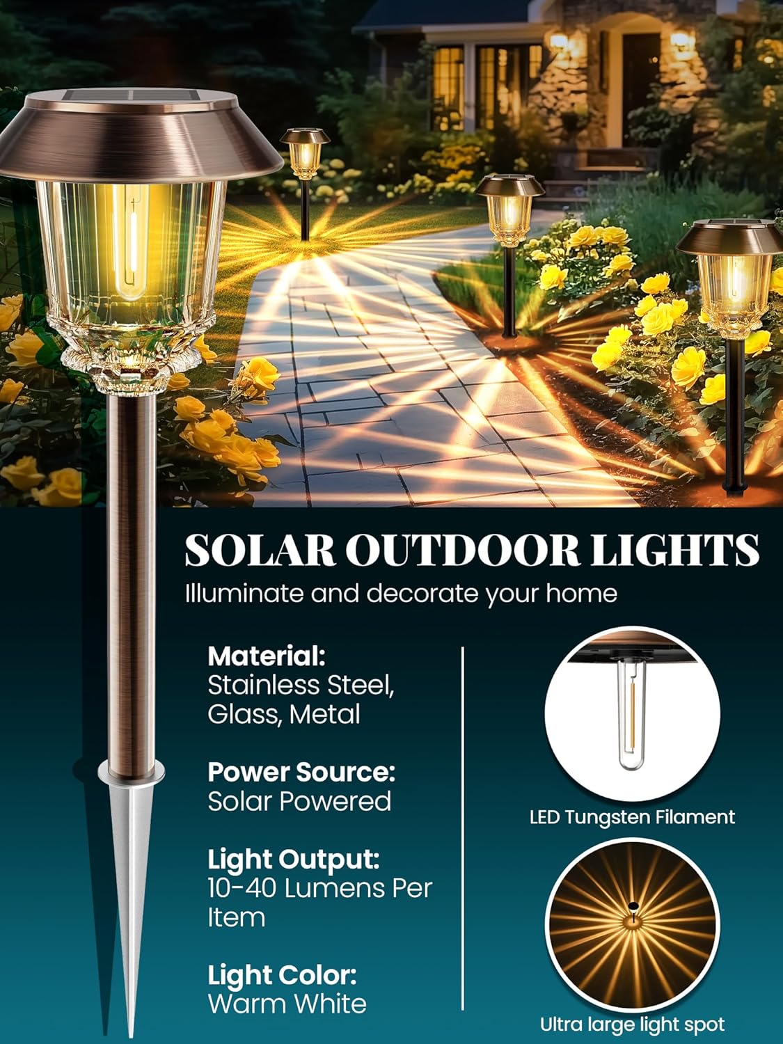 Solar Lights Outdoor Waterproof,4 Pack Bronze Pathway Lights with 10-40 LM Dimmable Glass and
