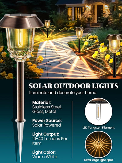 Solar Lights Outdoor Waterproof,4 Pack Bronze Pathway Lights with 10-40 LM Dimmable Glass and