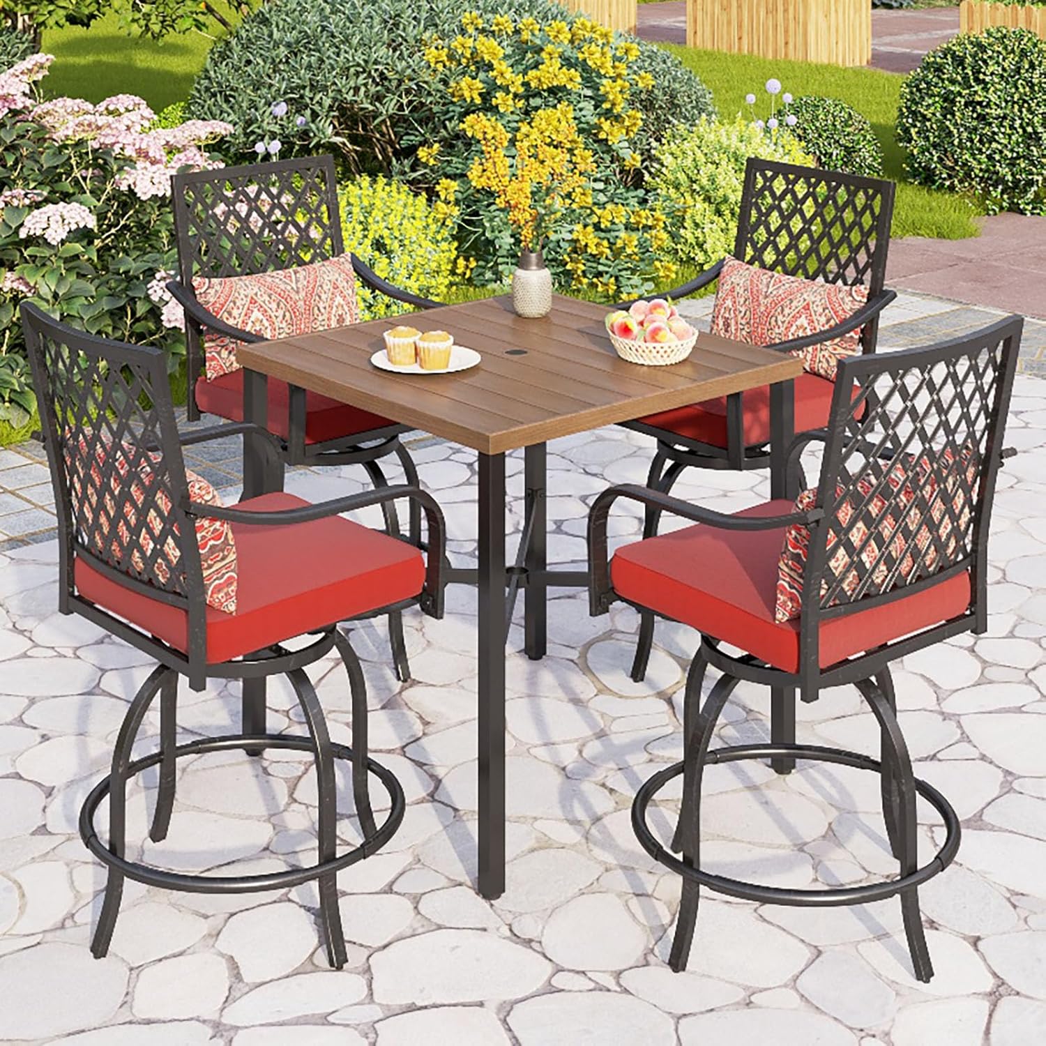 PHI VILLA 5 pcs Outdoor Bar Set, Outdoor Swivel Bar Stool with Red Seat Cushion and Lumbar