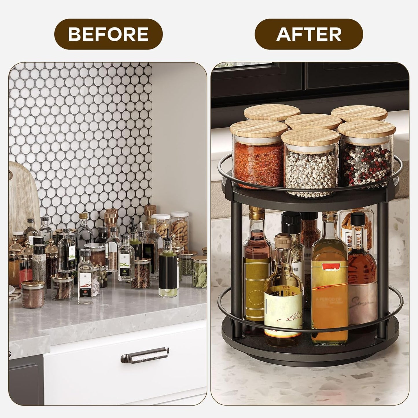 Lazy Susan Organizer, Rotating Spice Rack, 2 Tier Spice Turntable Organizer, Industrial Turntable