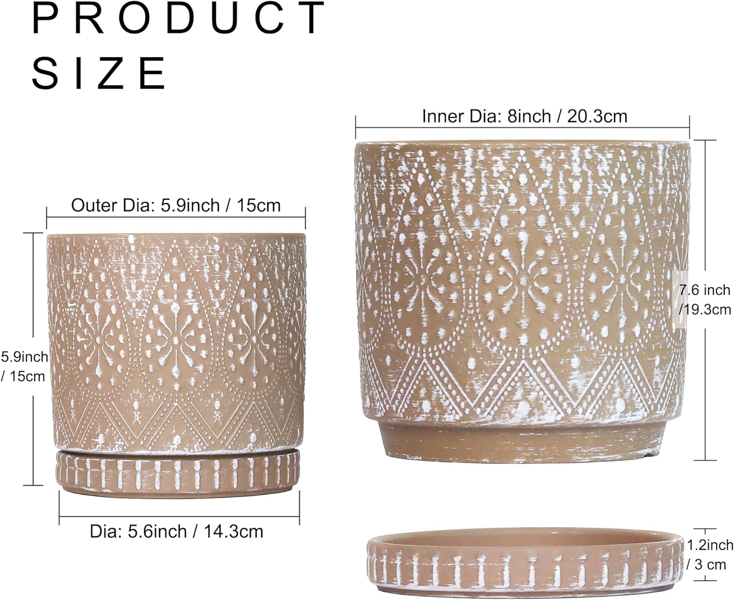 8 Inch + 6 Inch Plant Pot with Drainage Holes and Saucers, Indoor Ceramic Planter for Plants
