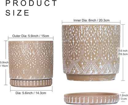 8 Inch + 6 Inch Plant Pot with Drainage Holes and Saucers, Indoor Ceramic Planter for Plants