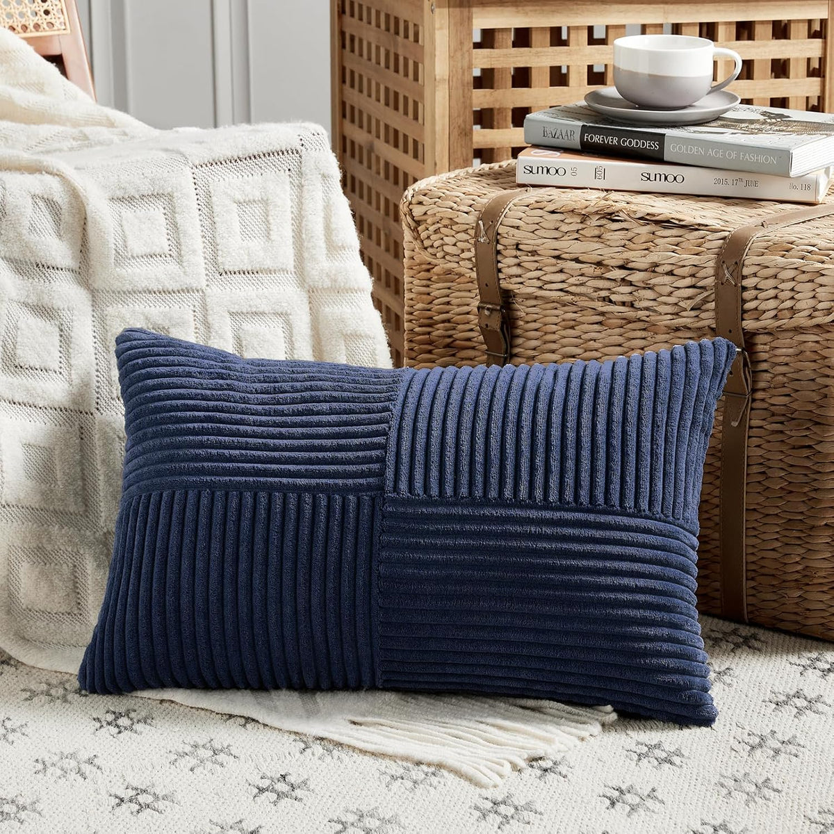 Fancy Homi 2 Packs Navy Blue Lumbar Decorative Throw Pillow Covers 16x32 Inch for Living Room