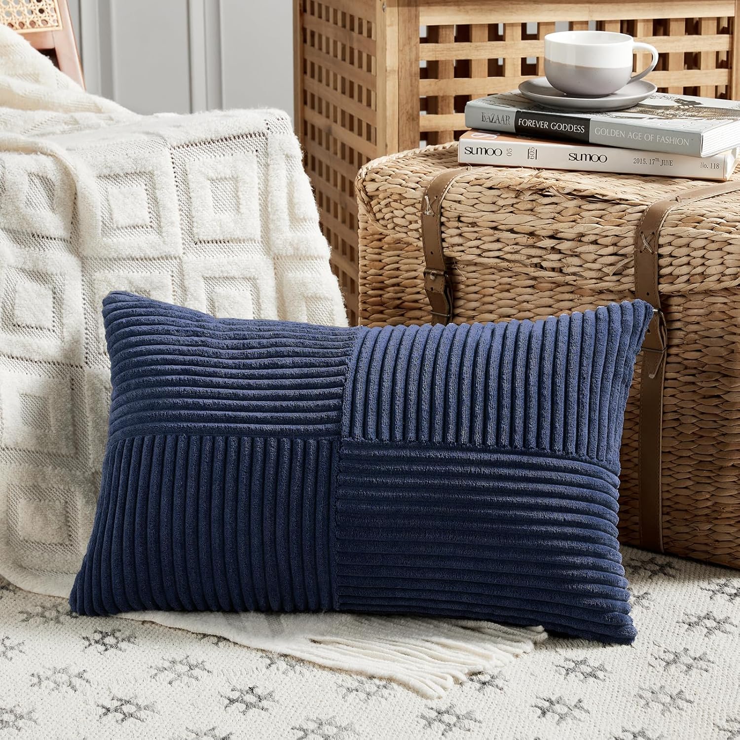 Fancy Homi 2 Packs Navy Blue Lumbar Decorative Throw Pillow Covers 16x32 Inch for Living Room