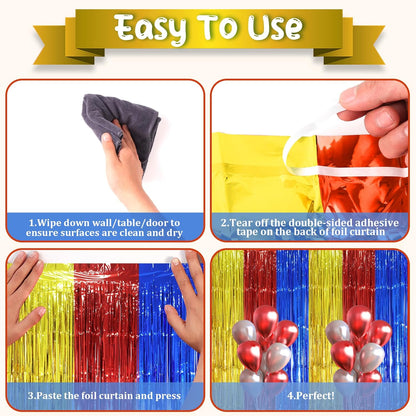3 Pack 3.3 x 8.2 ft Blue Red Gold Foil Fringe Backdrop Curtains, Tinsel Streamers Party