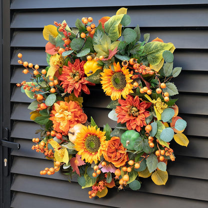 Fall Wreaths for Front Door 24 Inch Autumn Wreath with Sunflowers, Orange Dahlias, Maple Leaves &