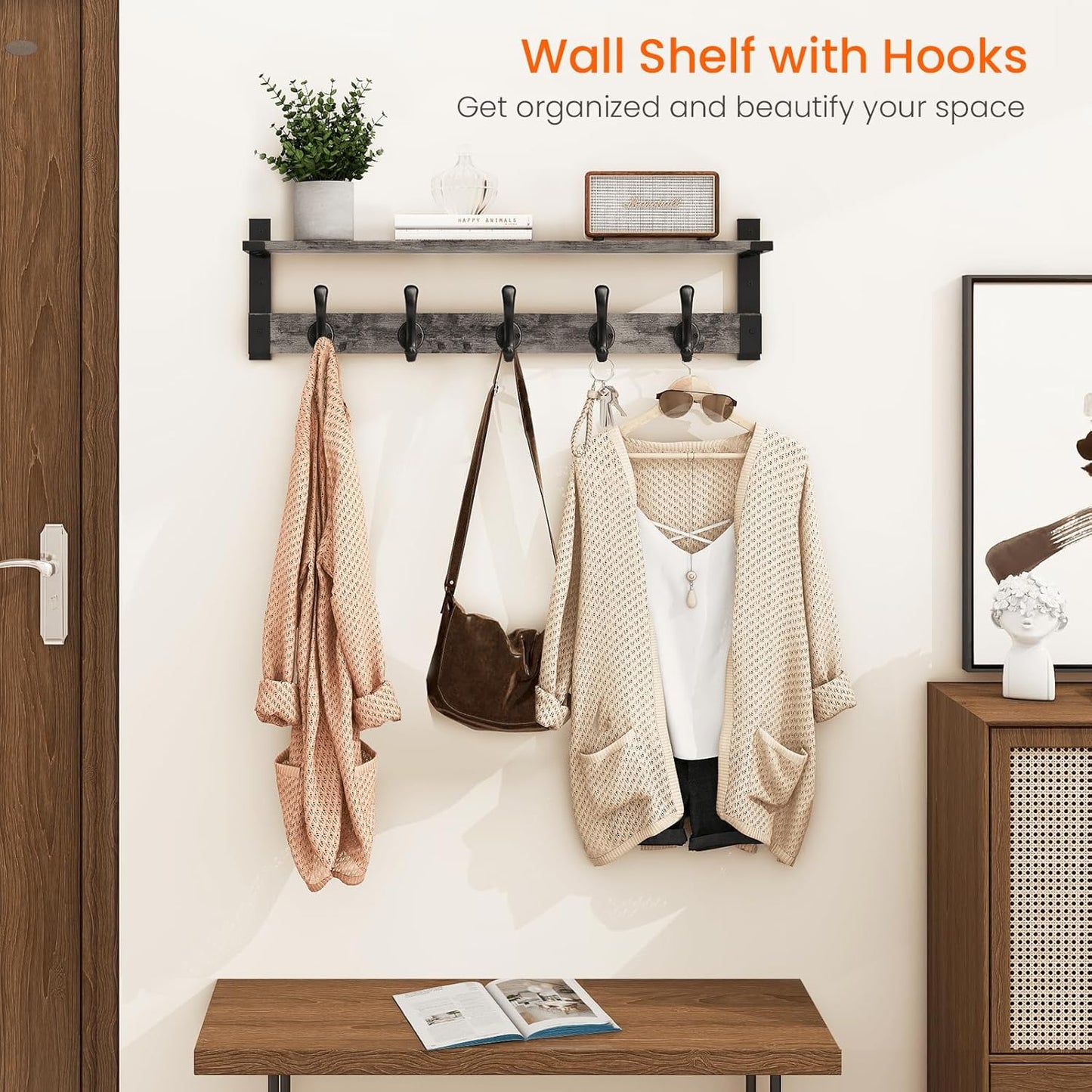 Homode Coat Rack Wall Mount with Shelf, 29 Inch Wood Wall Shelf with Hooks, Entryway Coat Hanger