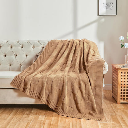 CozeCube Check Knit Throw Blanket, Beige Checkered Throw for Couch, Decorative Christmas Soft Cozy
