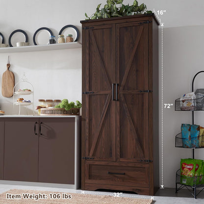 72" Tall Wood Storage Cabinet, Farmhouse Kitchen Pantry Cabinet with Adjustable Shelves & Drawer &
