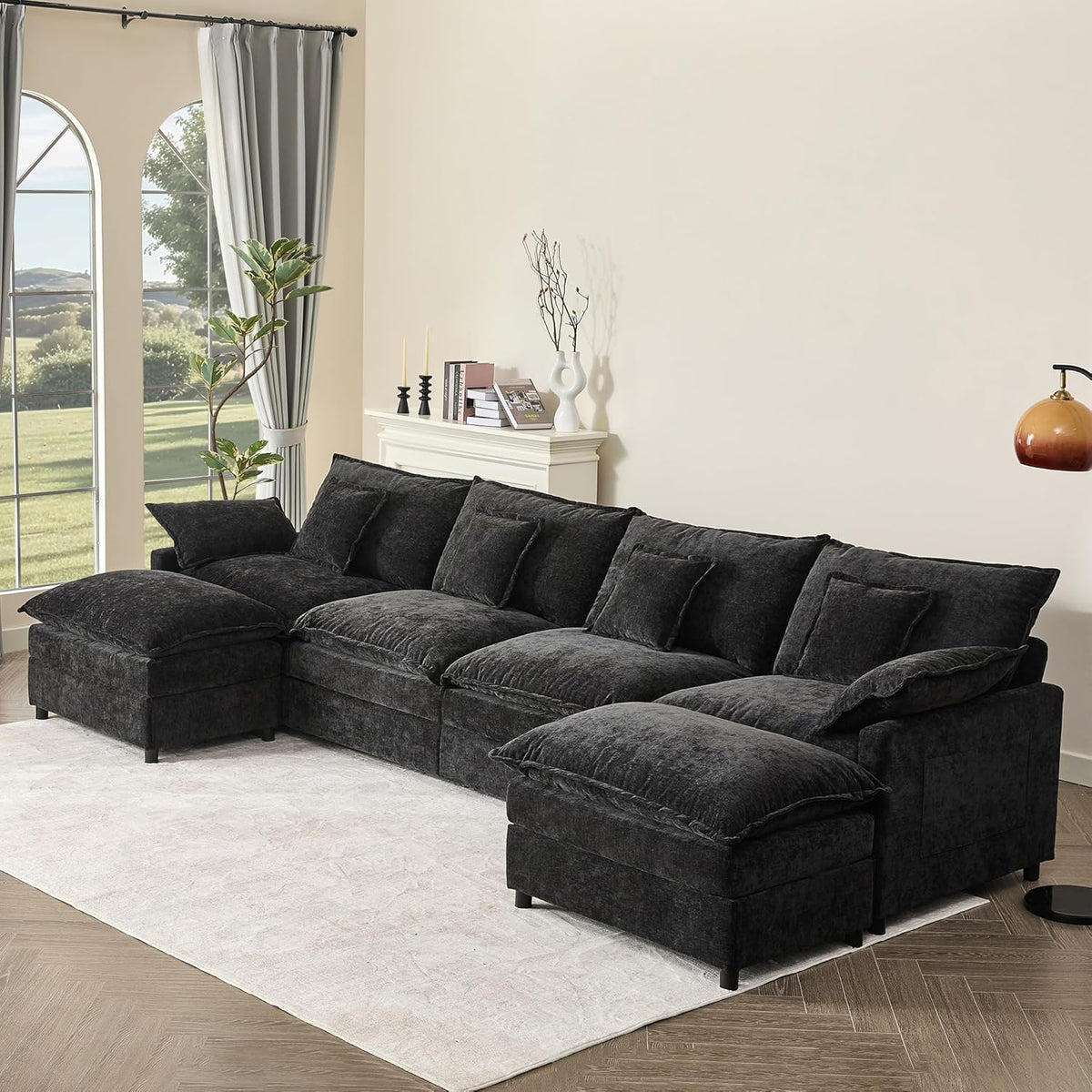 142.5" U Shaped Couch, Modular Sectional Sofa, 3-Seater Comfy Cloud Couch with Movable Ottoman