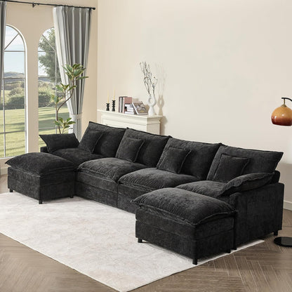 142.5" U Shaped Couch, Modular Sectional Sofa, 3-Seater Comfy Cloud Couch with Movable Ottoman