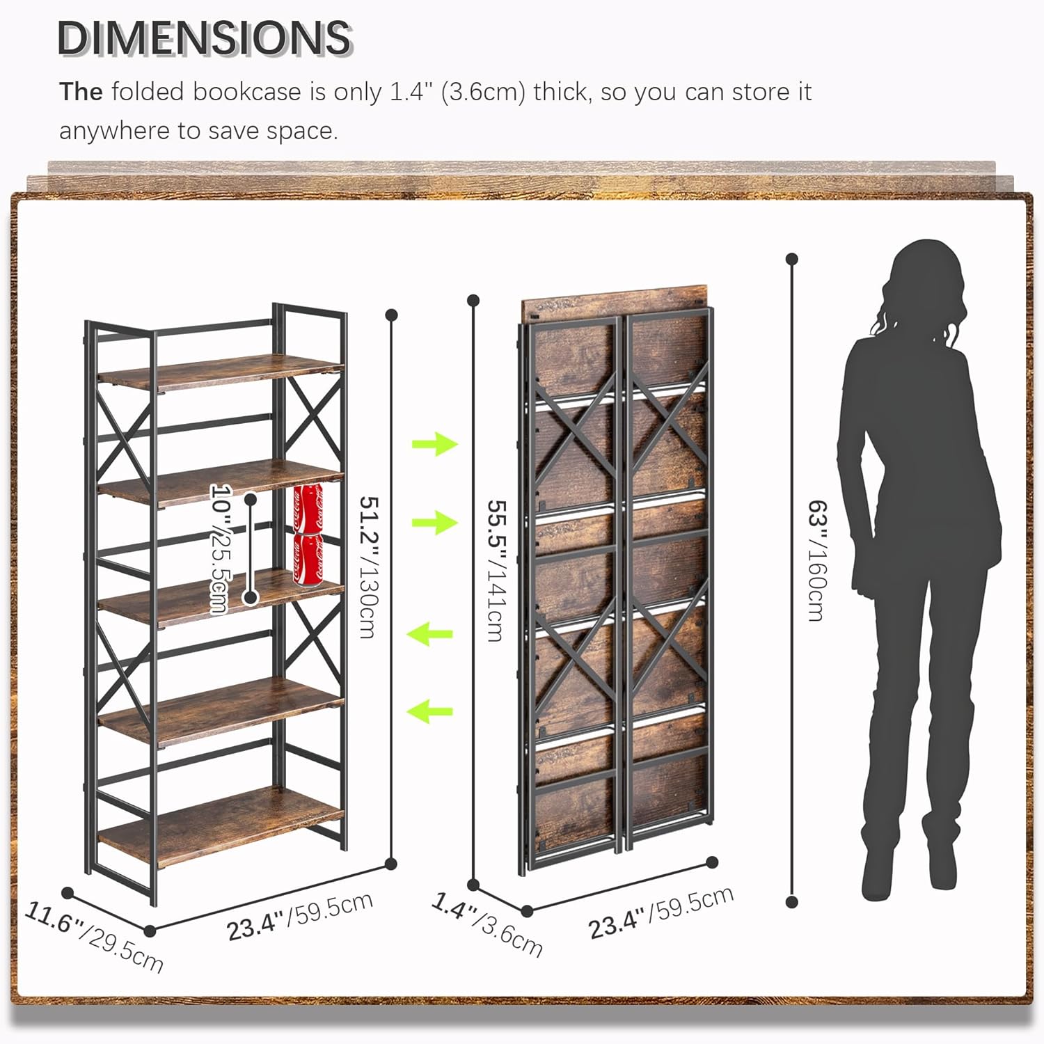 4NM 5 Tiers No Assembly Book Shelves, 51.2" H Folding Bookshelf Bookcase Open Industrial Foldable