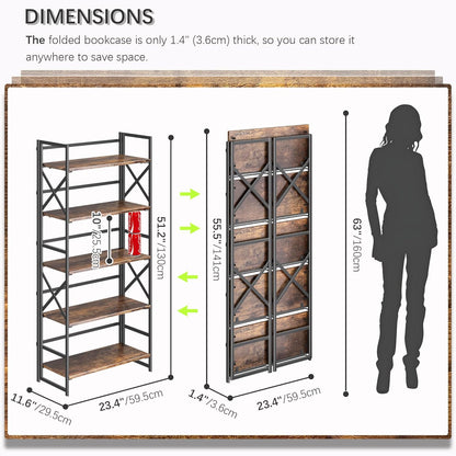 4NM 5 Tiers No Assembly Book Shelves, 51.2" H Folding Bookshelf Bookcase Open Industrial Foldable