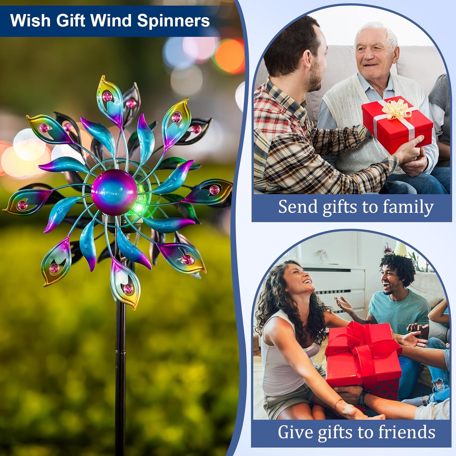 360°Peacock Solar Wind Spinner with Lights Blue Metal Garden Outdoor Decor Yard Lawn Art Decor for