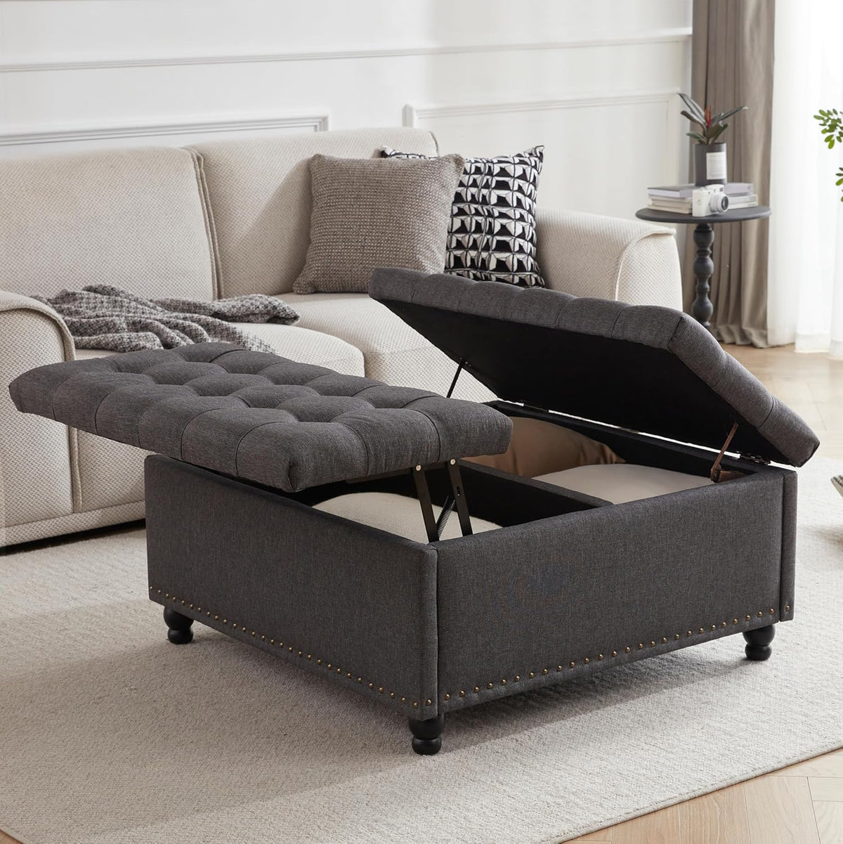 Tbfit Large Square Storage Ottoman Bench, Tufted Upholstered Coffee Table Ottoman with Lift Top &