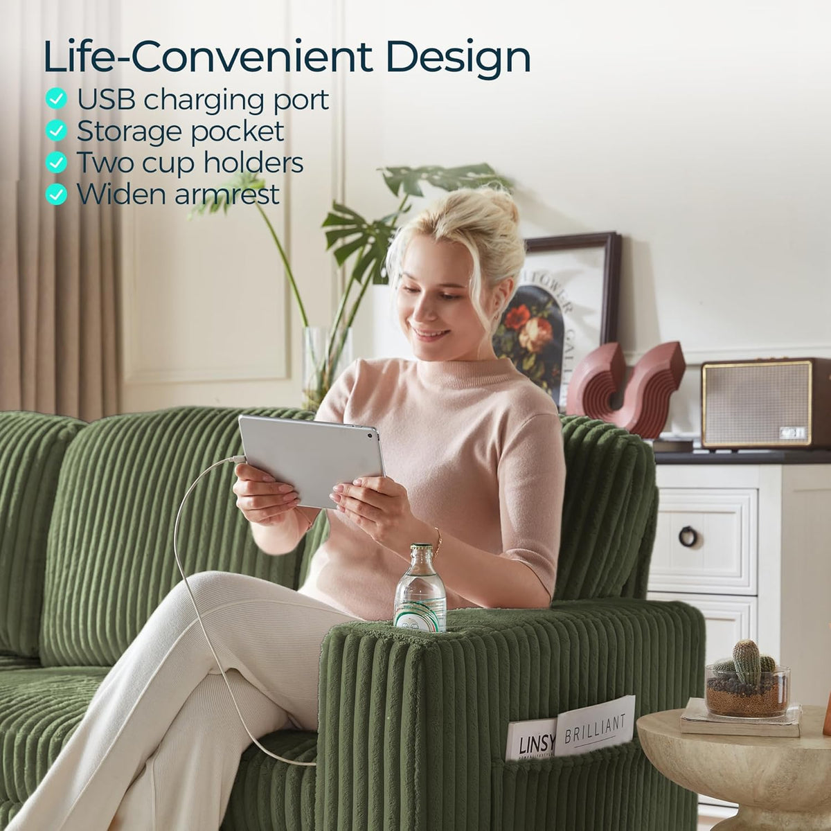 LINSY HOME Loveseat Sofa with Pull Out Couch Chaise: 2-in-1 Convertible 2 Seater Sofa with USB