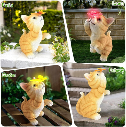 Solar Garden Statue Cat Figurine,Resin Cat Statue Playing Butterfly,Outdoor Decoration for