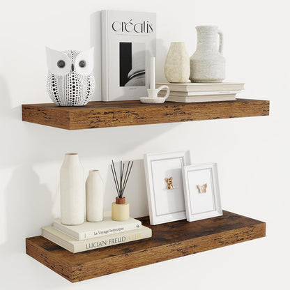 Fun Memories 24 Inch Floating Shelves for Wall, 9 Inch Deep Brown Rustic Wood Wall Mounted Shelves