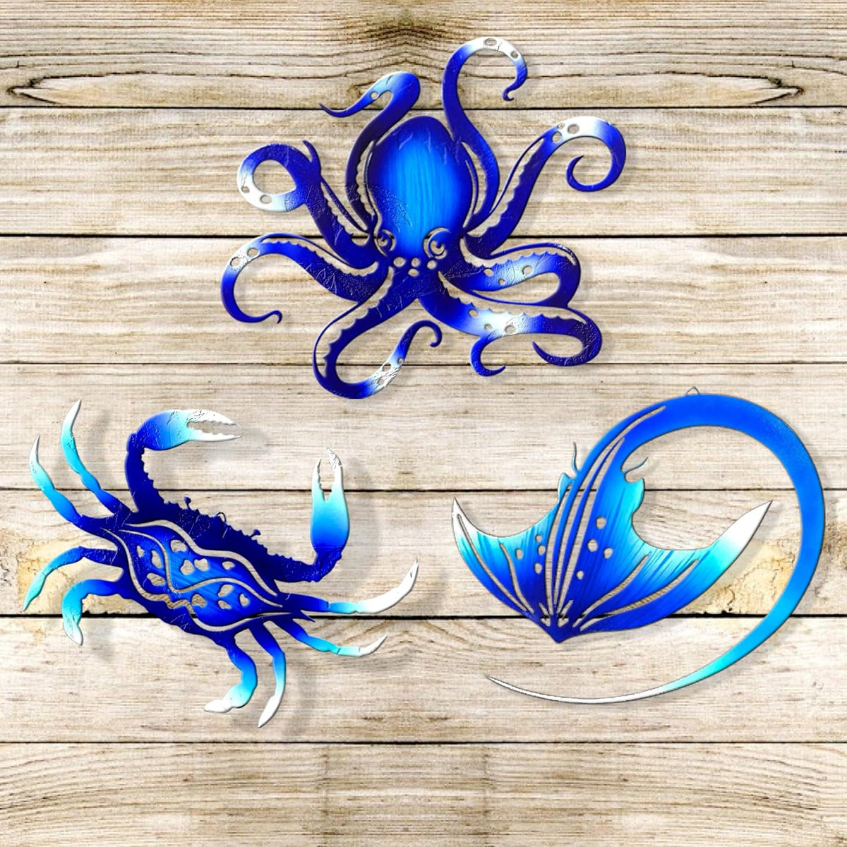 Weibefee Metal Wall Art Decor Octopus Crab Manta Ray Coastal Nautical Ocean Decor Concise 9'' Set