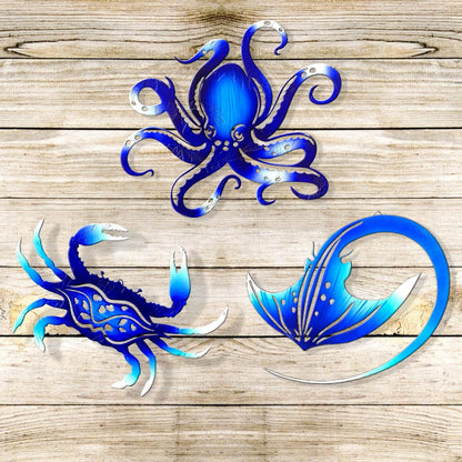 Weibefee Metal Wall Art Decor Octopus Crab Manta Ray Coastal Nautical Ocean Decor Concise 9'' Set