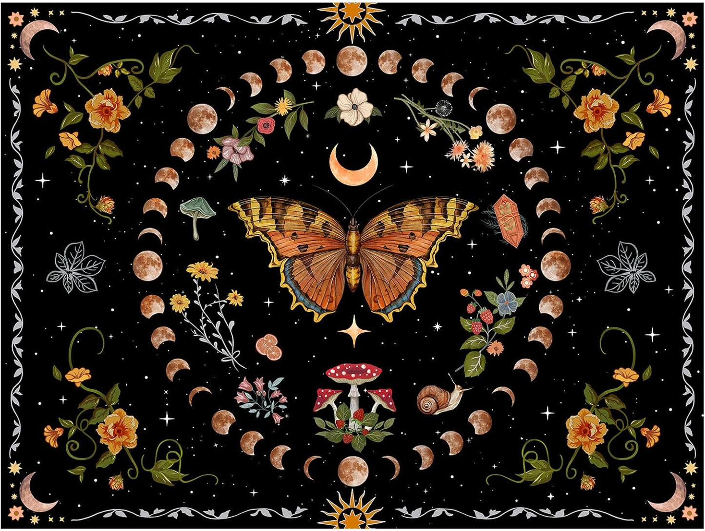 Aipon Orange Butterfly Moon Flower Tapestry Botanical Floral Plant Boho Tapestry for Bedroom