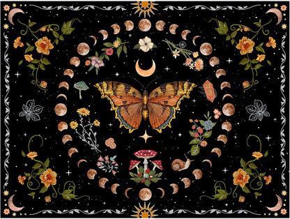 Aipon Orange Butterfly Moon Flower Tapestry Botanical Floral Plant Boho Tapestry for Bedroom