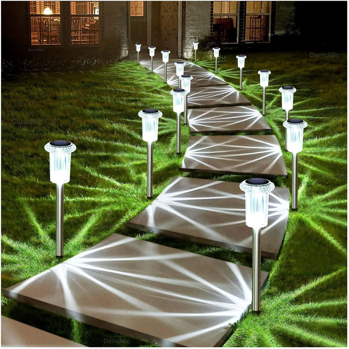 DenicMic Solar Lights Outdoor 15 Pack Waterproof 6000K Cold White LED Stainless Steel Stake for