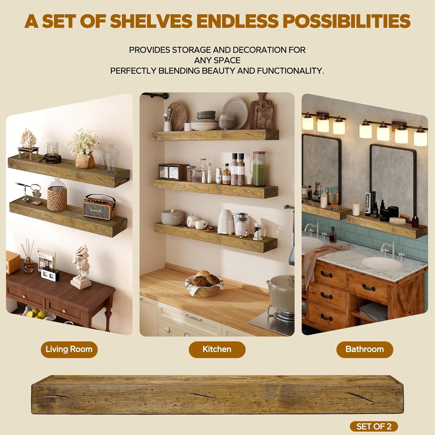 Floating Shelves 3 inch Thick for Wall Set of 2,Solid Pine Wood Wall Mount Shelf for Kitchen Living