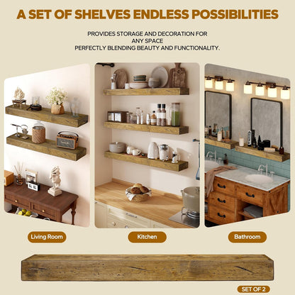 Floating Shelves 3 inch Thick for Wall Set of 2,Solid Pine Wood Wall Mount Shelf for Kitchen Living